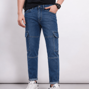 slim tapered medium wash denim cargo jeans